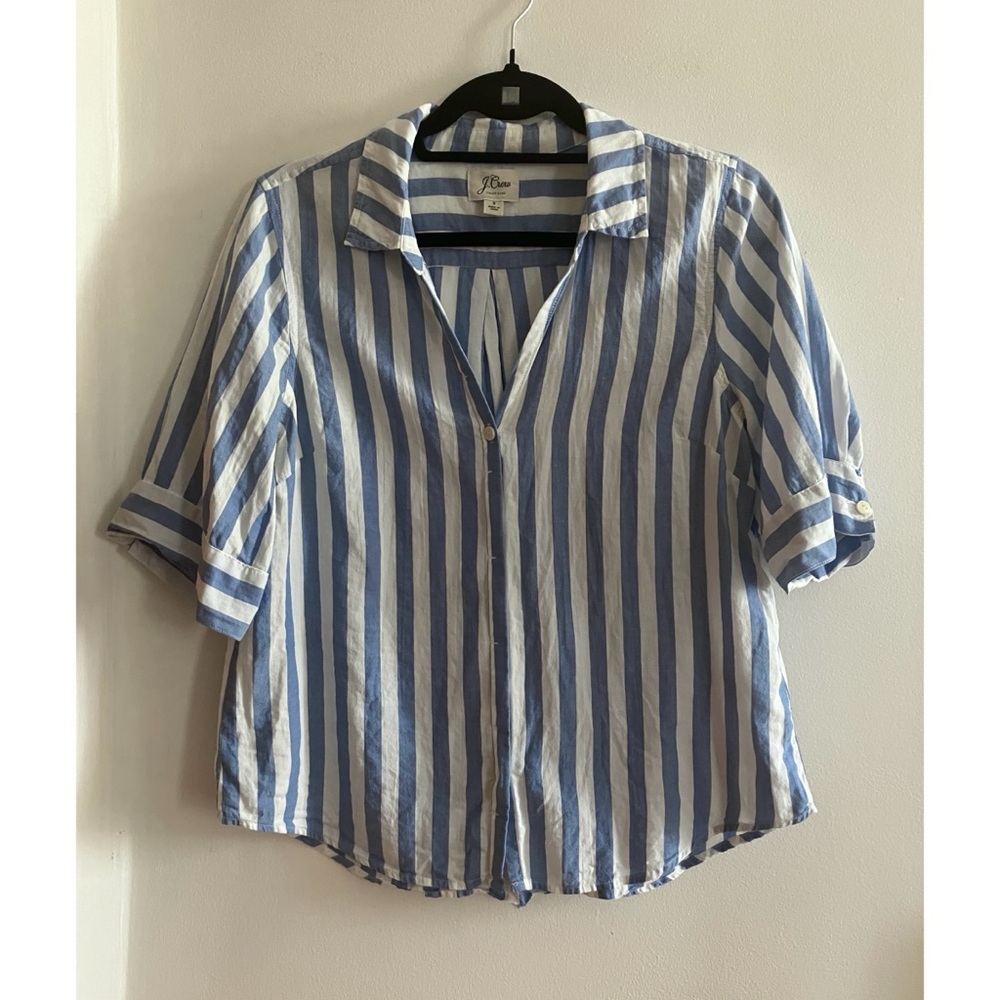 J. Crew Blue & White Striped Cotton Short-Sleeve Collared Button-Down Women’s SM